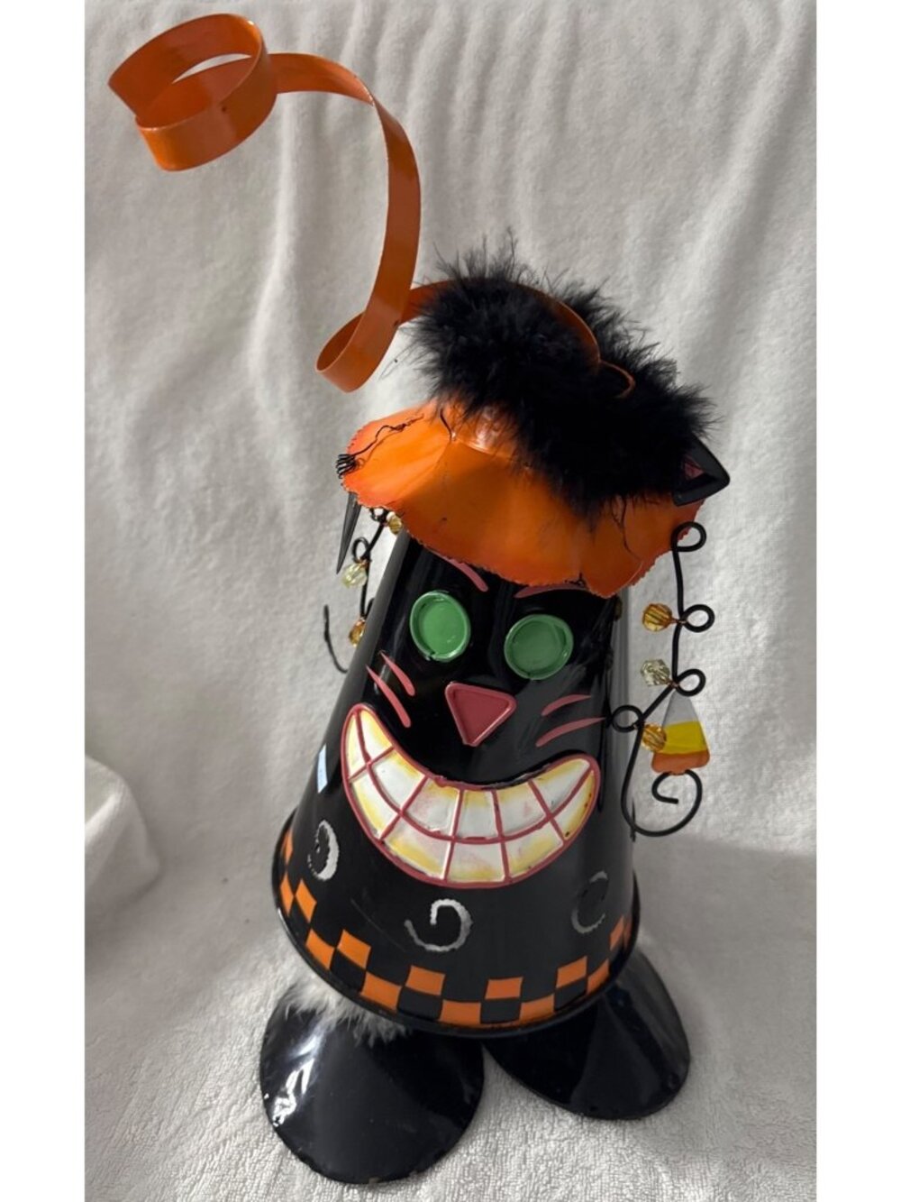 Halloween Cat Figurine With Witch Hat & Candy Corn Accents Metal 14" VIDEO